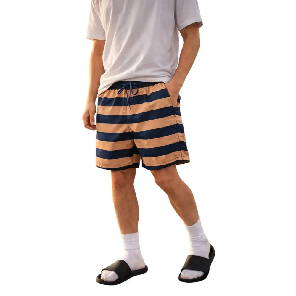 H&M Men’s Swim Trunks Striped Peach Tan Navy Elastic Waist Beach Shorts
